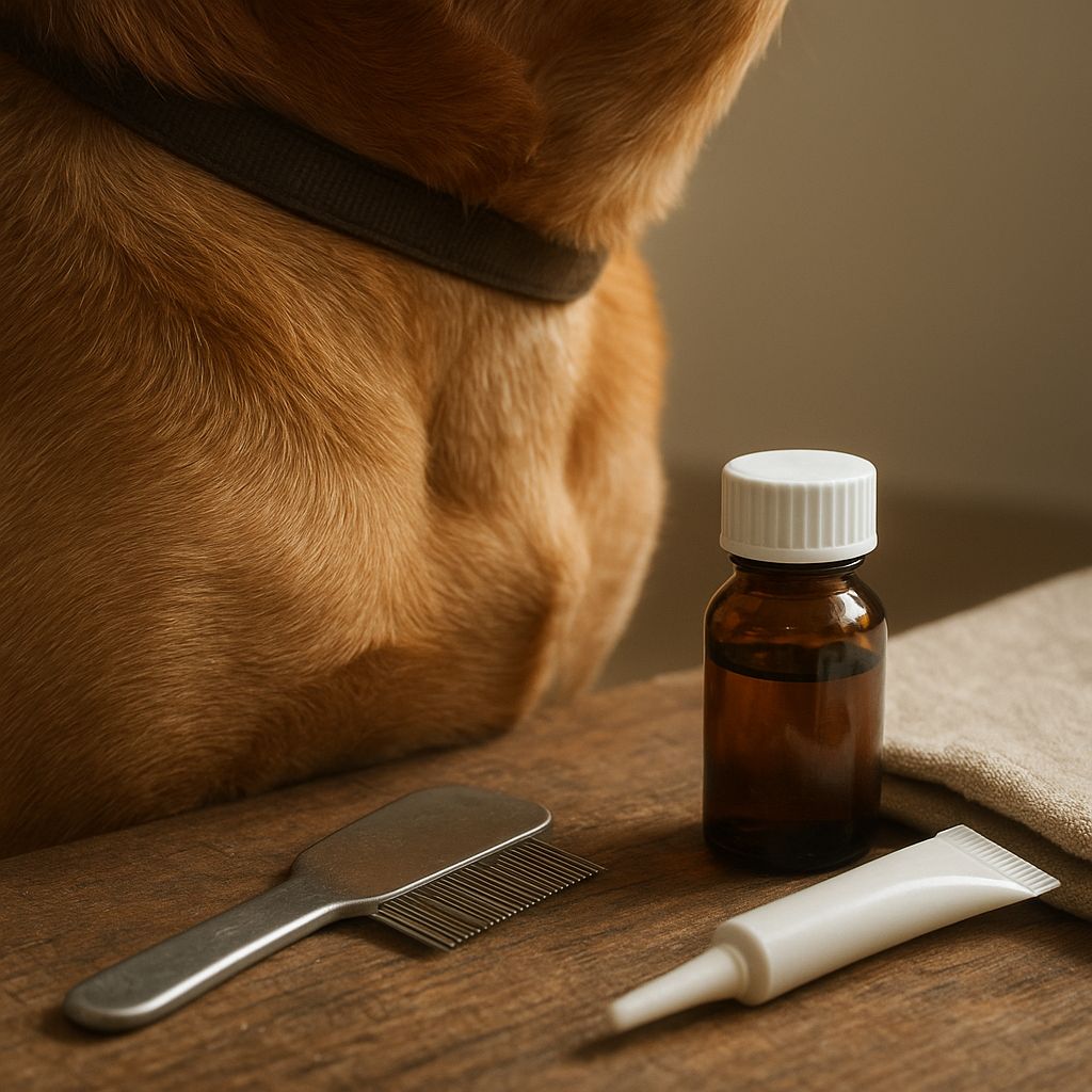 Dog wearing a tick prevention collar outdoors